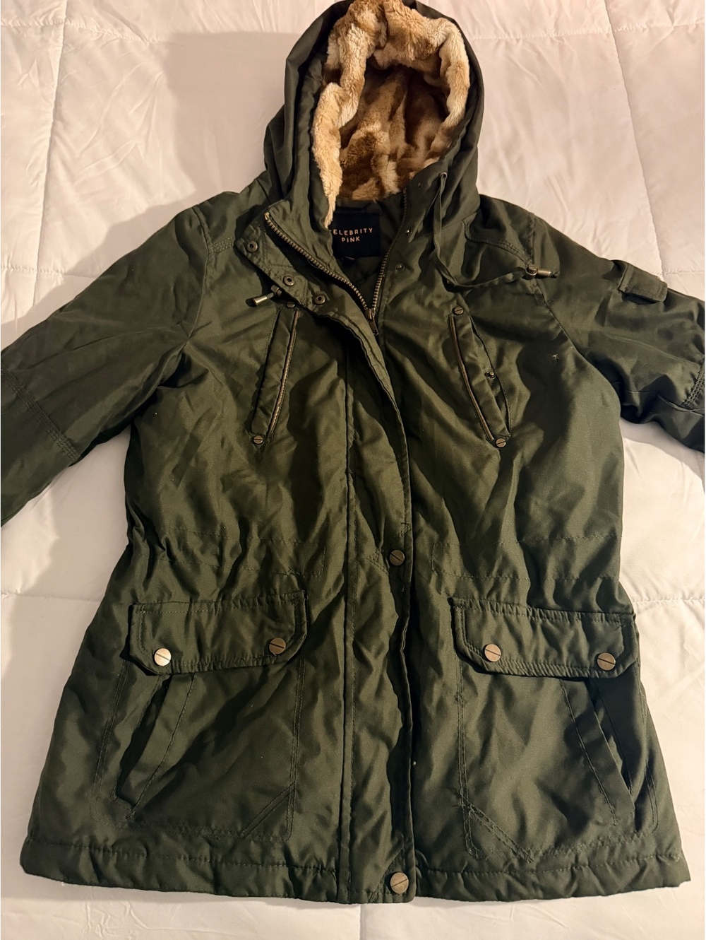 Celebrity Pink Olive Green Faux Fur Lined Hooded Parka Coat,